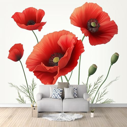 Foto Tapete Wandbild Blumen Rote Mohnblumen 200x140 cm Tapete Vliestapete 3D Effekt Tapete Vlies Wandbild Wohnzimmer Schlafzimme Wanddekoration Fototapete