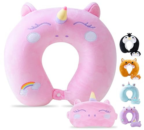 Cirorld Kids Travel Pillow Cute Neck Pillow Traveling Memory Foam Airplane Pillow with Sleep Mask Animal Flight Head Rest Neck Support for Cars Long Flights Sleeping Girls Boys-pink unicorn-S