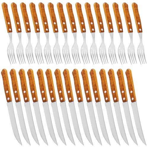 PRITOK Edelstahl Steakbesteck Set: 30 Stück Steakbesteck Rostfreier Stahl Holz, Gabel und Messer Set 15 Tafelgabeln und 15 Tafelmesser für 15 Personen, Scharfer Wellenschliff