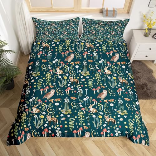 Homewish Green Floral Bedding Super King Size, Vintage Garden Flower Duvet Cover for Girls Women, Woodland Animals Print Bedding Sets, Aesthetic Botanical Plants Quilt Cover, Reversible