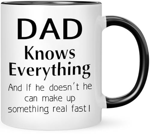 HilihoHaven DAD Knows Everything Funny Dad Mug Ceramic Coffee Cup Insulated for Hot Drinks Hand Wash Only Father's Day Christmas, Birthday Gifts from Youngsters Daughter Son (White)