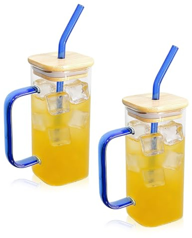 YASHIIN 400ml Glass Cups Set of 2 with Lids and Straws Leakproof Iced Coffee Cups Stylish Durable Thick High Borosilicate Glass for Iced Coffee Juice Smoothies and Cocktails Ideal for Travel and Home