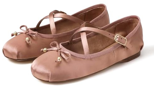 MICIFA Satin Ballet Flats for Women, Cute Bow Mary Jane Shoes with Strap Comfortable Causal Daily Dressy Ballerina Flats Shoes