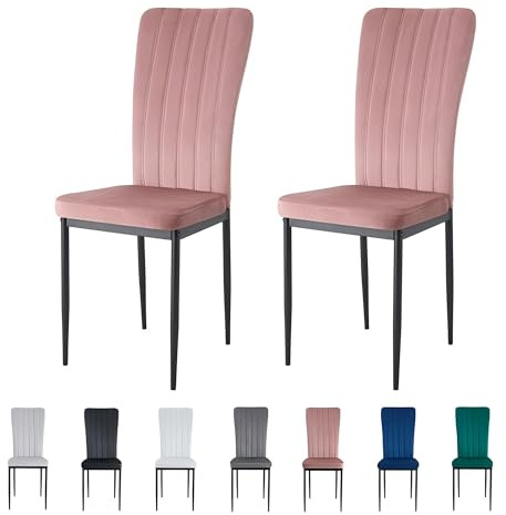 mcc direct Set of 2 Dining Chairs, Velvet High Back Kitchen Chairs with Upholstered Soft Seat and Metal Legs for Home, Office, Dining and Reception - Elle (Pink)
