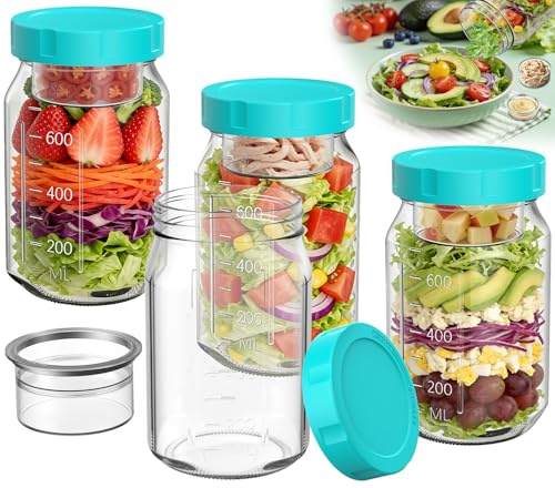 4 Glass Salad Jars with Lids,800ml+150ml Wet/Dry Separation Cup, Mint Green | BPA-free Wide Mouth Mason, Leak Proof Overnight Oats Jar, Meal Prep Salad Containers for Lunch