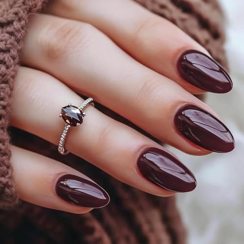 Nymora 30er Set Press on Nails Almond Rot, Kurze Mandelförmige Klebe-Nägel in Weinrot-Verlauf, Wiederverwendbares Nagelset mit Klebetabs & Feile