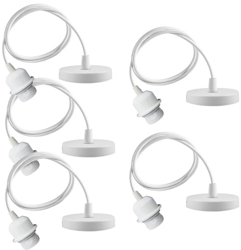 GAOUTO 5 Stück E27 Lampenaufhängung, 150cm Verstellbar Kabel mit Abnehmbar Schraubring, Lampenaufhängung E27 mit Schraubring, Lampenfassung mit Befestigungsring, Hängelampe für Restaurant, Weiß