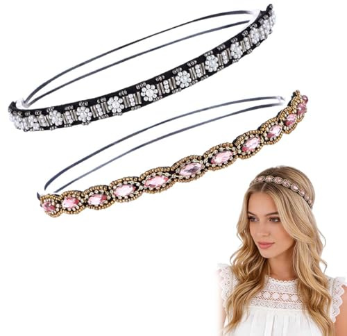 LKJAUOZ 2 Stück Strass Haarbänder Elastisches Böhmen Kristall Haarreife Perle Stirnbänder für Frauen und Kleine Mädchen Party Deko
