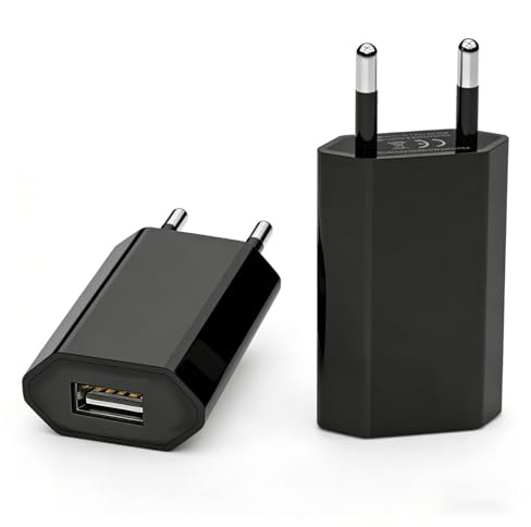 2 Pezzo Alimentatore USB, Adattatore Universale 5V 1A, Caricabatterie Compatibile con Cellulari, Android, Smartwatch, Cuffie, Orologi Intelligenti, Fotocamere, Tablet, Nero