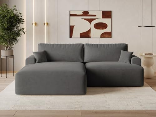 GRAINGOLD Serene L Ecksofa modern mit Bettfunktion, 259x145 cm, L-Form Sofa, Schlafcouch für Wohnzimmer, Velvet-Stoff, 3-Sitzer Eckcouch, Ecksofa mit Bettkasten (Dunkelgrau, Links)