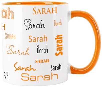 Herz & Heim® Namenstasse in verschiedenen Schriftarten 300 ml aus Keramik mit Farbauswahl Orange