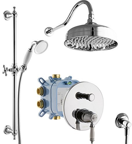 PaulGurkes Regendusche Retro-Set Unterputz 2-Wege Armatur mit Grundkörper Box Nostalgie Kopfbrause Duschkopf Keramik Handbrause Duschstange Brausestange Landhausstil Wandanschlussbogen Drehkonen