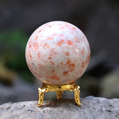 Crocon Sunstone Stone Sphere with Metal Stand Gemstone Sphere Healing Ball Sculpture Figurine for Fengshui Divination Home Decoration Photography Size: 50-60mm