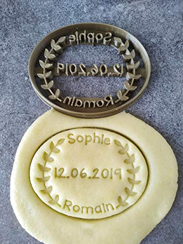 3DKOUPE - Emporte-pièce ovale - Motif lauriers - Personnalisable avec texte (jusqu'à 3 lignes) - Couleur au choix - Conçu et fabriqué en France