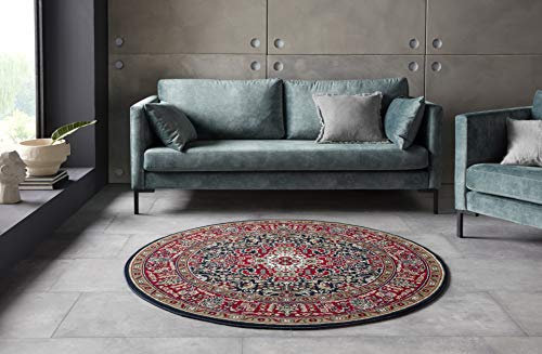 Nouristan Mirkan Orient Teppich Rund – Wohnzimmerteppich Orientalisch Kurzflor Vintage Orientalischer Teppich für Esszimmer, Wohnzimmer, Schlafzimmer – Navy, 160cm