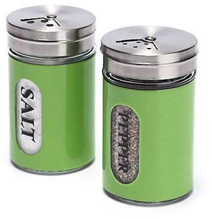 Salt and Pepper Shakers Stainless Steel and Glass Set with Adjustable Pour Holes (Green)