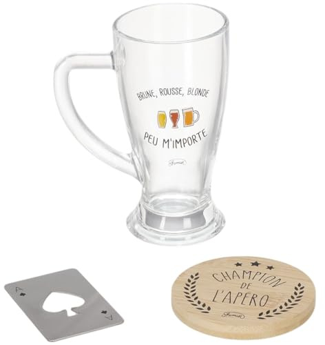 Le Fabuleux Shaman 40-2X-005 Coffret bière Champion de l'apéro Brune rousse blonde Peu m'importe Chope Dessous de verre Décapsuleur Transparent beige et gris Verre bois et métal H8,5 x 18 x 23,5 cm