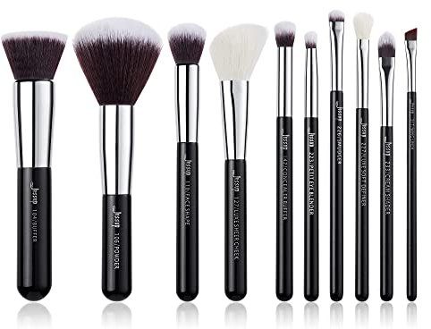 Jessup Lot de 10 pinceaux de maquillage - Pour fond de teint, eyeliner, anti-cerne, tampon - Fabrication artisanale - Poils synthétiques - Kit d'outils de maquillage Noir/or rose T176