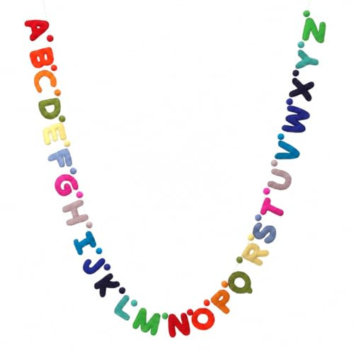 Glaciart One Alphabet-Girlande – natürliche handgemachte Wolle ABC Buchstaben & Kugeln – dekorative Wanddekoration für Klassenzimmer, Kleinkindzimmer – fertig zum Aufhängen – 2.1 m, Regenbogenfarben