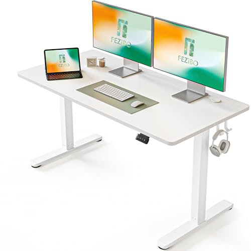 FEZIBO Schreibtisch Höhenverstellbar Elektrisch, 140 x 60 cm Computer Stehschreibtisch mit Memory-Steuerung und Anti-Kollisions Technologie, Mobiler Steh-Sitz-Schreibtisch Ergonomic Weiß Oberfläche