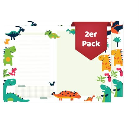 Friendly Fox Dino Schreibtischunterlage Papier, 2x DIN A2 Kinder Schreibtischunterlage, 25 Blatt Block zum Malen Schreiben, Doppelpack