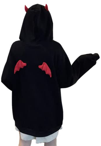 Aobiono Frauen Teufel Hoodie mit Hörnern Flügeln Kawaii Alt Anime Ästhetisch Harajuku Y2K Gothic Niedlich Demon Japanische Dark Academia, Schwarz, XL