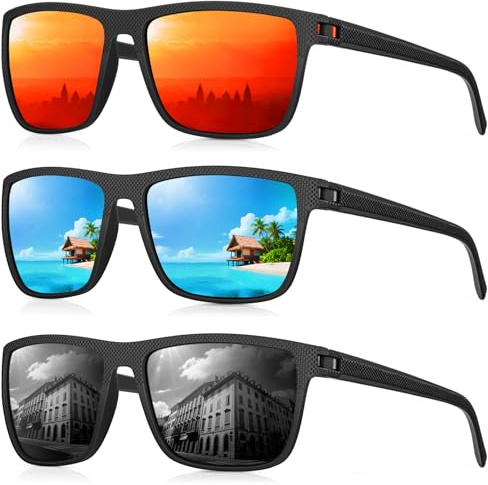 CIFOYA Polarized Sunglasses for Men Women, Square Sun Glasses for Driving Fishing Golf Lightweight Fashion Square Sun Glasses 100% UV400 Protection 3 Packs (Black/Ice Blue/Orange)