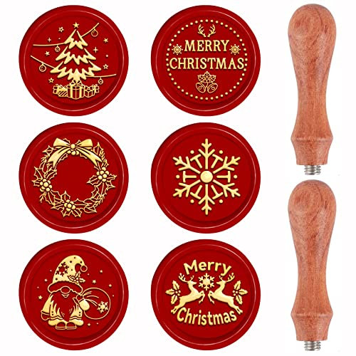CRASPIRE Christmas Wax Seal Stamp Set 6pcs Vintage Retro Removable Brass Stamp Head 2pcs Wood Handle for Xmas Wedding Invitation Envelope(Christmas Tree Snowflake Merry Holly Elk Gnome Elf)