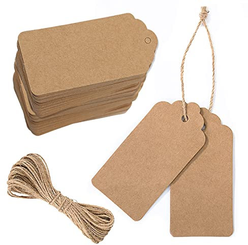 Gift Tags with String, 100pcs Brown Paper Gift Tags Kraft Luggage Labels with String 4.5x9cm Blank Parcel Price Tag for Thanksgiving Gifts Wedding
