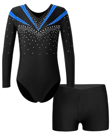 FEESHOW Mädchen Kinder Gymnastikanzug Ballett Gymnastikbody Turntrikot Gymnastikhose Shorts Sport Tanzoutfit Athletic Wettkampf Trainingsanzüge Blau 134-140/9-10 Jahre