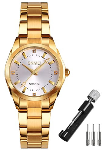 SKMEI Uhren für Frauen, Damen, modisch, wasserdicht, Business, Edelstahl, luxuriös, klassisch, analog, Quarz, einfache Frau, Mädchen, Geschenke, goldene Armbanduhr, L1620gold, Armband