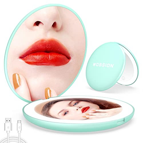 wobsion LED Spiegel mit 1X / 10X Vergrößerung,USB Wiederaufladbar Faltbarer Reisespiegel mit Licht Dimmbarer,Tragbarer Taschenspiegel für Reise und Makeup,Kleiner Handspiegel als Geschenk,Grün