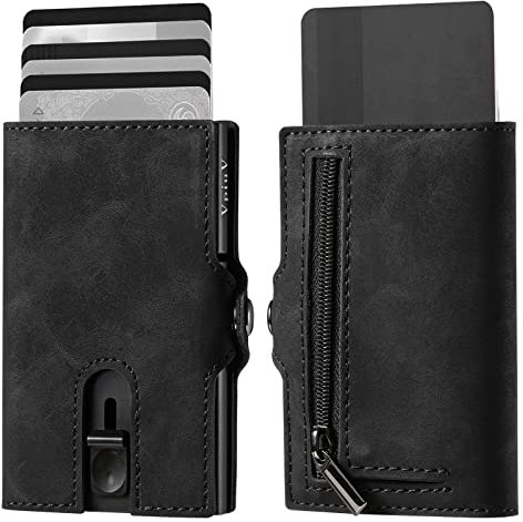 VpiuV® geldbörse Herren - Kreditkartenetui mit RFID-Schutz - Slim Wallet mit Münzfach - Aluminium-Kartenhalter - Schwarz Leder im Vintage-Stil