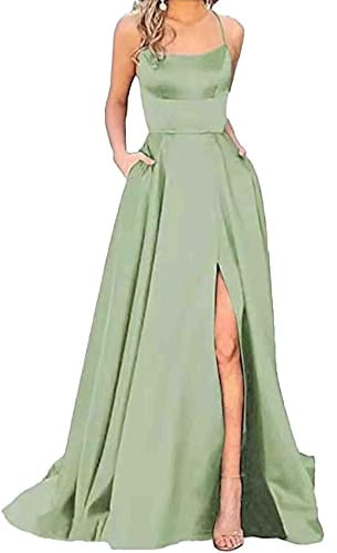xxxiticat Damen Elegant Lange Ballkleider mit Taschen Satin A-Linie Backless Hochzeitskleid Abendkleider Sexy Neckholder Spaghetti Brautkleid Kleider Lang Prinzessin Brautjungfer Kleid (LG-S)