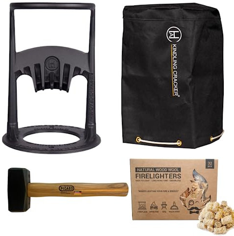 Kindling Cracker Original Firewood Splitter Bundle Including Sledge Hammer, Cover and Natural Firelighters
