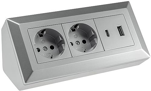 Eck-Steckdose Aufbaumontage Schuko, für Küche, Büro, Werkstatt. Steckdosenleiste ideal für Küchen-Arbeitsplatte, Aufbausteckdose oder Unterbausteckdose - ohne Kabel (2 schuko, USB A + C, Silber)