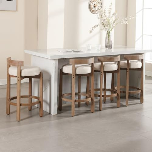 LukeAlon Mid Century Linen - Juego de 4 taburetes de cocina tapizados de 26.5 pulgadas de altura del asiento con patas de madera natural, taburetes de cocina redondos de respaldo bajo con reposapiés