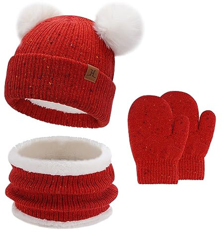 Baby Mädchen Jungen Winter Warm Mütze Loop Schal Handschuhe Set, Kinder Pompom Wintermütze Strickmütze Beanie Fäustlinge Schlauchschal für 0–4 Jahre Kleinkinder Neugeborenen, Rot