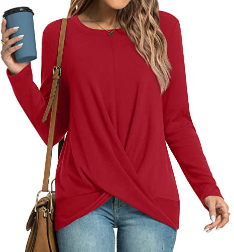 HOTGIFT Womens Christmas Tunics Top Casual Long Sleeve T-Shirts Sweaters Blouse Crewneck Red X-Large