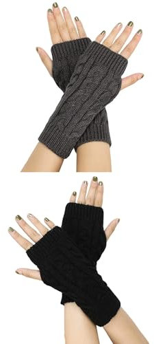 Fingerlose Handschuhe für Damen Gestrickte Halb Fingerhandschuhe Kurzer Strickhandschuhe Fäustlinge Handwärmer Handgelenkwärmer Armstulpen Handstulpen Pulswärmer (2Paar-Schwarz+Tiefgrau)