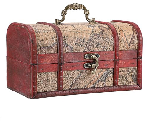 IGNPION Piraten-Schatztruhe aus Holz mit Kartenmotiven, Vintage-Stil, dekorative Regaltruhe, Schmuck-Aufbewahrungsbox, Holz-Erinnerungsbox (mittel)