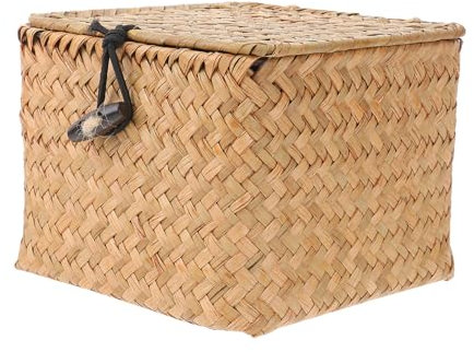 IMIKEYA Kasten dekorative Box mit Deckel Natürliche seegras Korb Handwoven körbe dekorative Aufbewahrungsboxen Hyazinthe Korb Tee- bilden Weide Trompete Gewobener Korb Halterung Hölzern