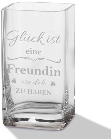GRAVURZEILE Blumenvase mit Gravur - Glück ist eine Freundin - Moderne Vase aus Glas für Blumen - Geschenke für Frauen - Deko fürs Wohnzimmer und Schlafzimmer - Geschenkidee zum Geburtstag - 20x11cm
