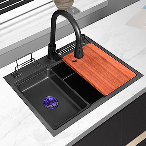 Évier de cuisine à une cuve, à encastrer ou à encastrer, en acier inoxydable 304, avec robinet extractible, planche à découper, porte-couteau, distributeur de savon (60 x 46 x 22 cm, noir) (noir 80