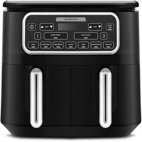 Karaca Air Cook 2-in-1 Dual XXXL Air Fryer with Stew Function, 8L, 2500W, 6 Cooking Functions, Large Meal Volume with Less Fat, Odourless and Smokeless Cooking, Adjustable Time, Black Chrome