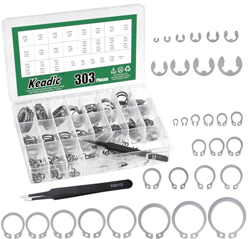 Keadic Set di 303 anelli di sicurezza esterni M4-M28, 21 misure [1,5 mm-10 mm] e clip di sicurezza per onde scanalate (acciaio inox 304)
