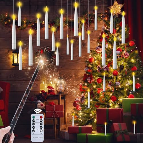 EXTSUD Lot de 20 Bougies LED Flottantes avec Baguette Magique et Télécommande à 10 Touches – Bougies Suspendues à Piles avec Flamme Vacillante pour Décorations de Halloween, Noël et Mariage