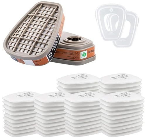 6001 Filter für Atemschutzmaske, 60 Stück Filterpatronen + 2 Filter und 2 Abdeckkappen, Organic Vapor 6001 Patronen Chemischer Farbfilter Kompatibel mit 6100, 6200, 6300, 7502, 6800 usw.