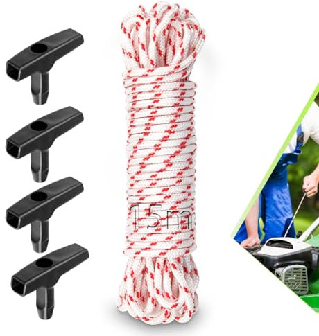 TXXATX 15 m Corde Lanceur Tondeuse 4 mm Corde Tondeuse avec 4 Pièces Poignée de Démarrage Corde Demarrage Tondeuse Corde Demarreur Rappel Corde de Rechange pour Tondeuse Essence Gazon Tronçonneuse