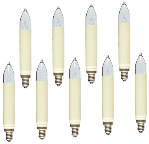 Erzgebirgslicht - AUSWAHL - 9 Stück Schaftkerze 12V 3W E10 für 20 Brennstellen Ersatzbirne Glühbirne (Normal-) Schaftkerze Glühlämpchen für Lichterketten Pyramide und Schwibbogen (keine LED!)